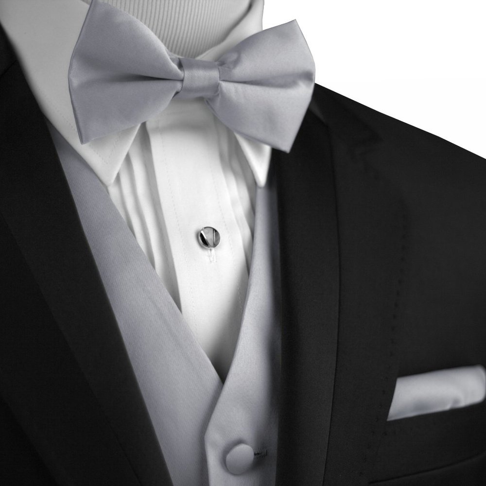 Men's Formal Wedding Prom Homecoming Tuxedo Vest Bow-Tie Hankie - Silver Satin